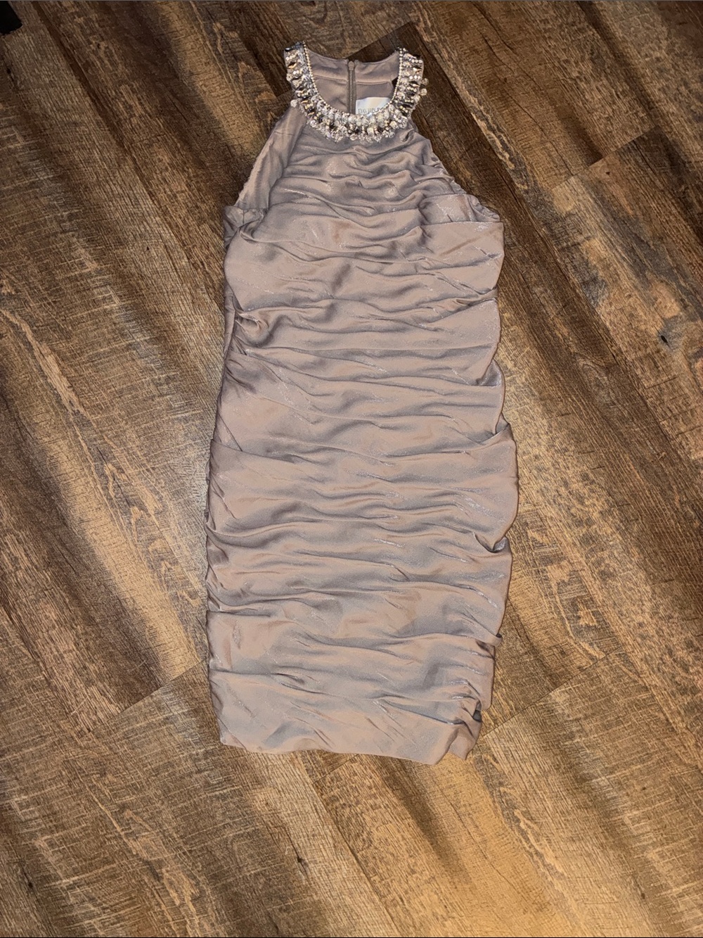 David's Bridal Ruched Midi Dress with Jeweled Halter Neck in Taupe